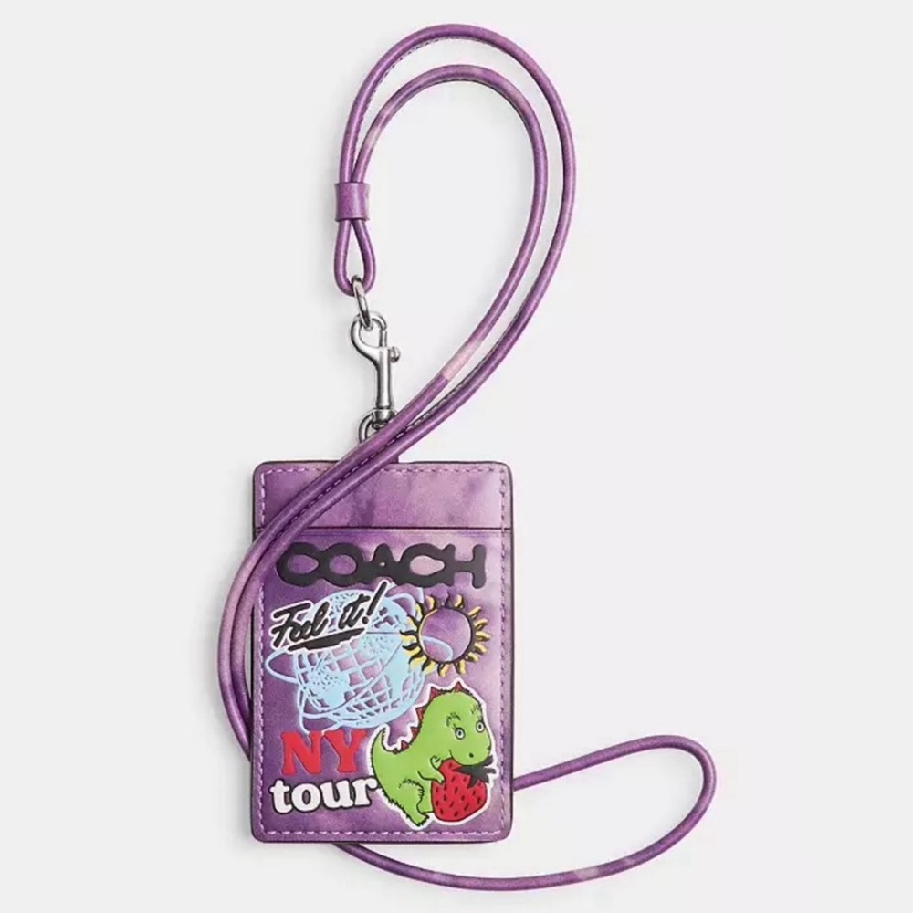 Coach Cody DeFranco ID Lanyard Purple Tie Dye Digital Printed Smooth Leather NWT